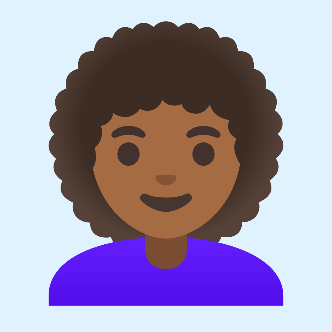π©πΎβ𦱠Woman: medium-dark skin tone, curly hair